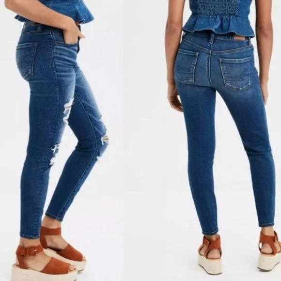 American Eagle Hi-Rise Distressed Jeggings Size 4 X-Short Stretch Denim Jeans - Picture 2 of 10